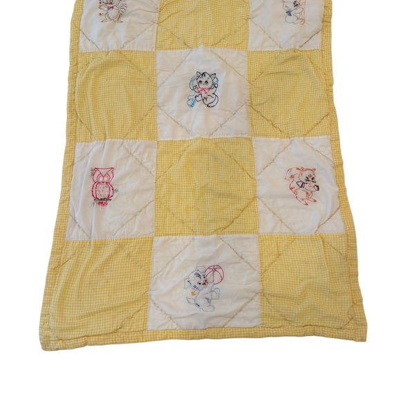 Vintage Baby Quilt Yellow Gingham Embroidered Animals Handmade Nursery Decor - Picture 2 of 6